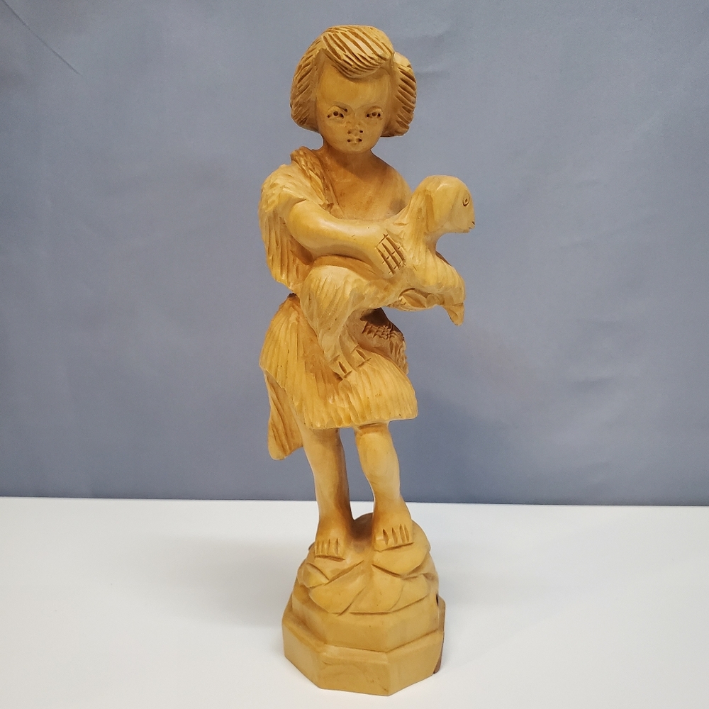 Wood Carving Statue Figurine Shepard Boy with Sheep 9 inches tall